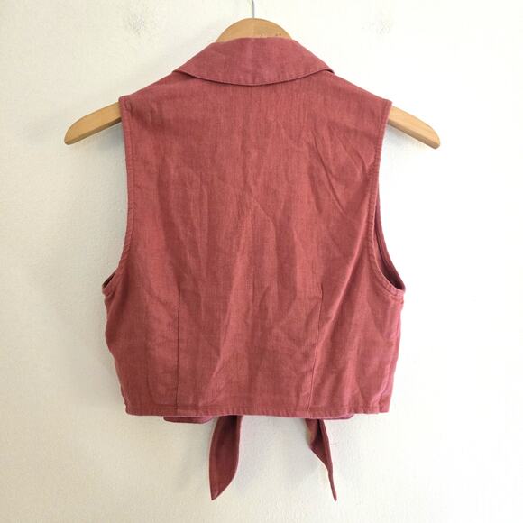 Abercrombie & Fitch S Linen Blend Tie-Front Cropped Vest Top Terracotta Pink - Picture 2 of 7